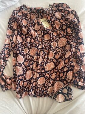 Lucky Brand Navy Floral Smocked-Neck Peasant Blouse with Coral Print